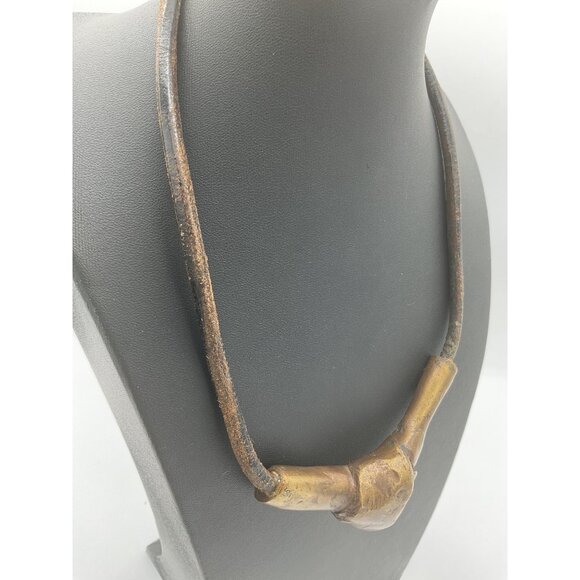 Vintage Brass & Leather Geometric Pendant Necklace - Picture 3 of 4